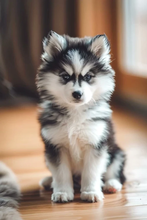 Chiot Pomsky bicolore donnant la patte